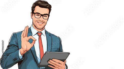 Confident Business Leader Showing Ok Gesture with Tablet Device