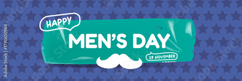 International Men's Day blue wide banner with mustache on blue abstract background. Happy mens day wide poster, banner and sticker. WORLD MALE DAY