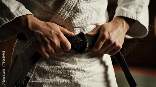 Close-up martial artist hands tying black belt on white Gi training preparation