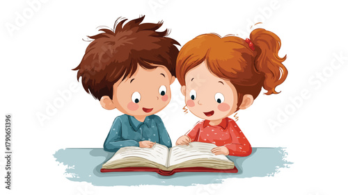 Happy Kids Reading Together in a Vector Illustration with Outline Isolation