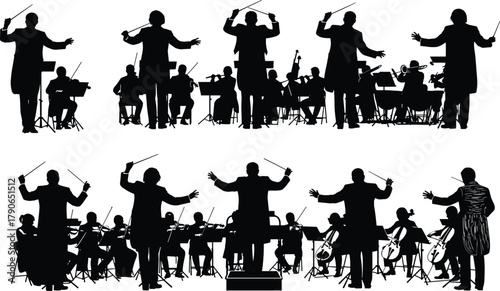 Flat vector silhouette of orchestra with conductor leading musicians in classical performance, showcasing ensemble coordination and musical expression