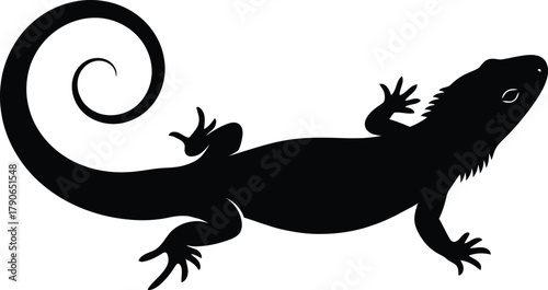 Black silhouette of a lizard with a curled tail on a white background isolated vector illustration