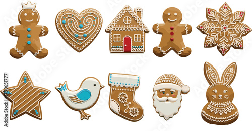 Delicious assortment of classic gingerbread cookies in various festive shapes, perfectly decorated for Christmas, holidays, and winter celebrations.