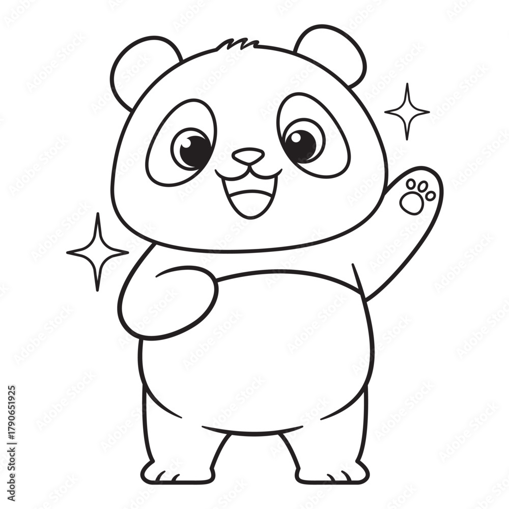 Obraz premium Cheerful Panda Waving Hand Vector Outline Illustration