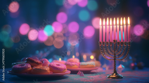 Hanukkah celebration with glowing menorah and festive sufganiyot donuts, cozy evening atmosphere with warm candlelight and golden bokeh lights