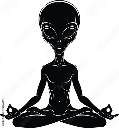 Black silhouette of an alien in a meditative yoga pose with hands in mudra on a white background