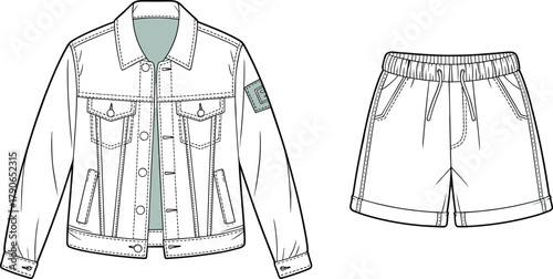 Denim jacket and shorts, technical fashion sketch, black and white outline, garment template, cad drawing flat vector illustration