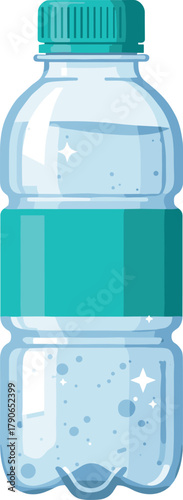Digital illustration of plastic water bottle with teal cap and label, refreshing hydration design, eco packaging, carbonated drink, cad drawing flat vector illustration