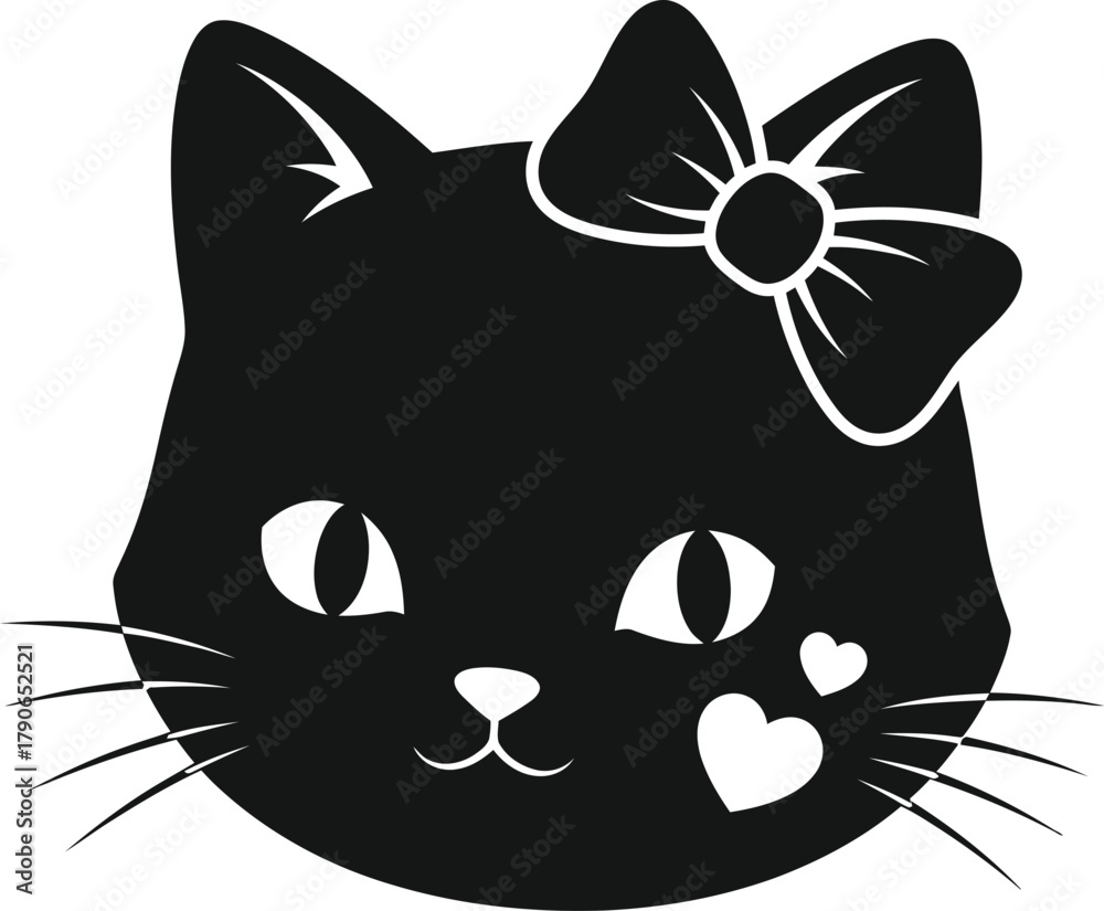 Obraz premium Cute black cat face silhouette with a white bow and hearts on a clean white background