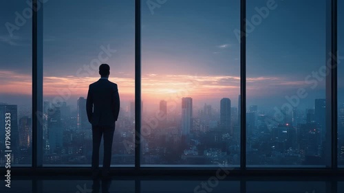 Businessman Contemplating Cityscape at Sunset with Modern Skyline View