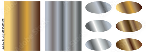 Collection of shiny metallic gold and silver. Beautiful Gold And Silver Gradient Background. Silver gradient and gold gradient. Golden and silver gradient palette. 