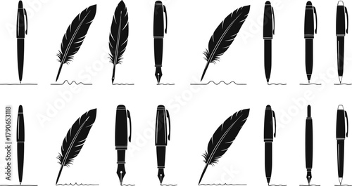 Set of diverse writing instruments including modern pens, classic fountain pens, and elegant feather quills in silhouette style.