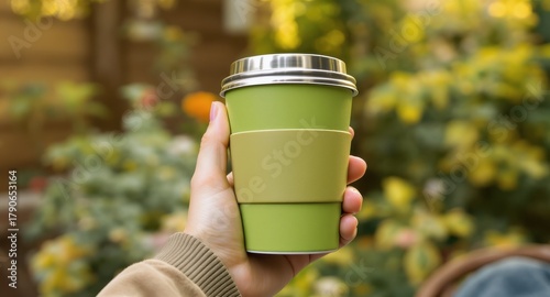 Person holds a green reusable coffee cup outdoors surrounded by blurred foliage backdrop
