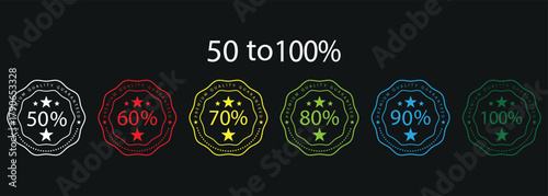 Dynamic 15% Off Sale Badges and Stickers. Circle sticker with percent discount from 50 to 100. colorful starburst shapes with 50 and 100 text.
