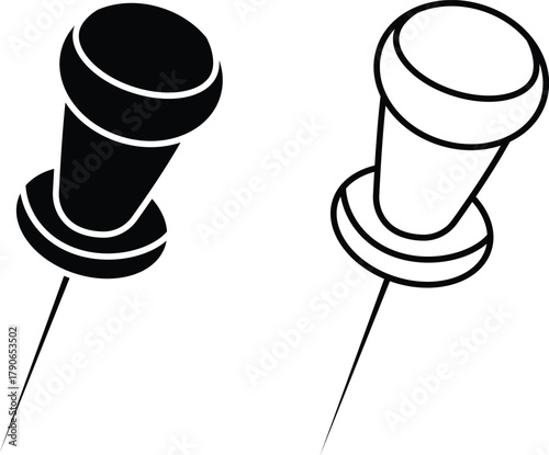 Push pin and thumbtack icon set for office, map, and reminder design in minimalist black and white vector style with transparent background