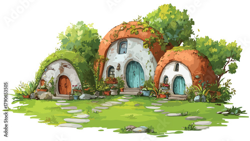 Enchanting Fairy Garden Houses on Vibrant Green Lawn Vector
