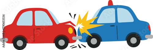 Cartoon car crash accident, red car colliding with blue police vehicle, traffic collision illustration with explosion impact, cad drawing flat vector illustration