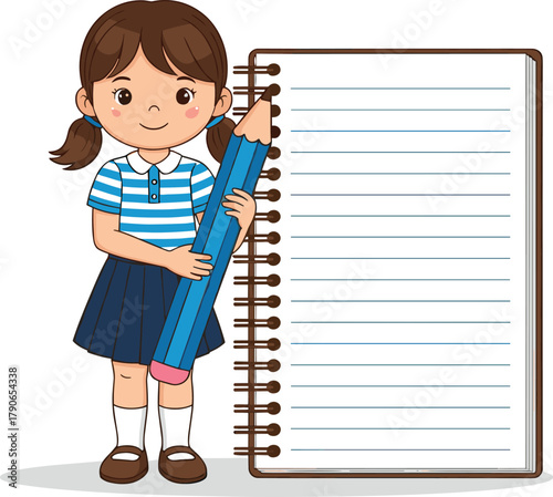 Adorable cartoon illustration of a smiling schoolgirl holding a giant pencil next to a large blank spiral notebook.