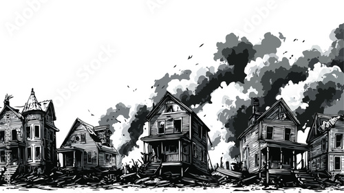 Devastated Houses Confronting Fire & Natural Calamities, Vector Illustration