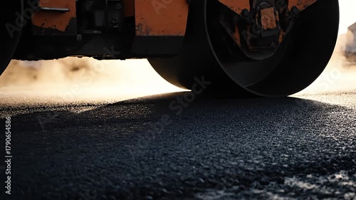 Close-up of road roller drum compacting hot asphalt during road construction