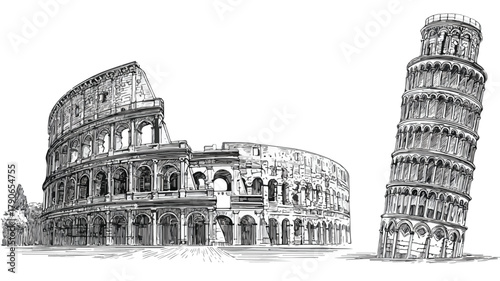Iconic Tower of Pisa and Colosseum Vector Illustration for Creative Projects