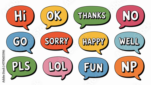 Colorful speech bubbles with common short words and internet slang for digital communication and instant messaging apps, isolated on white background.