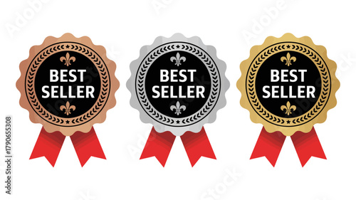 Best seller award medals: gold, silver, bronze badges with red ribbons. ideal for top product recognition, sales achievement, quality, and premium brand status.