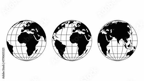 Three black and white vector globe icons displaying various continental views and global perspectives on a clean background, ideal for world map illustrations and earth-related concepts.
