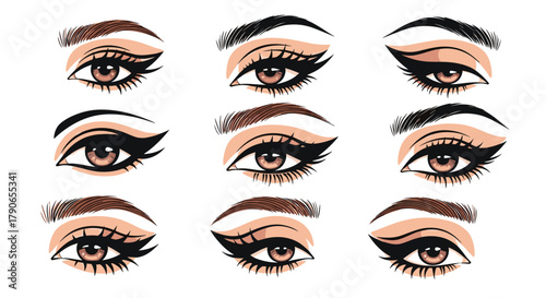 Different artistic makeup looks for eyes showing various eyeliner styles and eyeshadow applications.