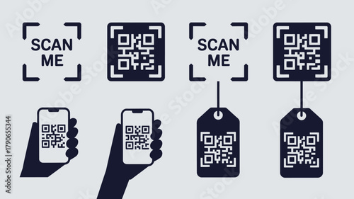 Qr code scanning digital technology vector set with quick response codes, mobile phone interaction, and tags, representing modern data access and seamless connectivity.