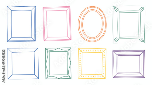Collection of vibrant, artistic hand-drawn doodle frames featuring various shapes and styles, ideal for adding a playful touch to photos, borders, and creative design projects.