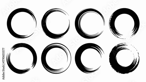 Abstract black grunge circle brush stroke frames collection set. hand-drawn artistic enso ink elements for logo, design, and graphic art. vector.