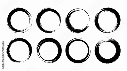 Eight distinct hand-drawn black ink brush stroke circles on a clean white background, artistic frames, borders, and grunge design elements for creative graphic projects.