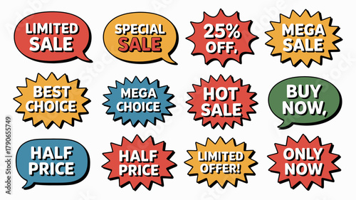 Colorful comic-style sales badges set with essential promotional messages including limited sale, special offer, 25% off, hot sale, and buy now for all marketing.