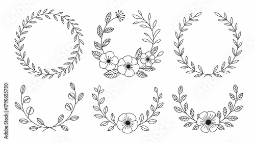 Elegant collection of six hand-drawn black line art botanical wreaths and delicate floral frames, perfect for invitations, logos, and digital designs.