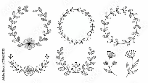 Hand-drawn botanical wreaths and diverse floral elements vector set, perfect for elegant wedding invitations, greeting cards, decorative borders, frames, and nature-inspired spring designs.