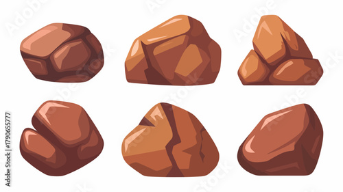 Photos Collection of six distinct brown cartoon rocks, various shapes and sizes, weathered texture, natural elements for game assets, land art, or geological designs, isolated on a white background