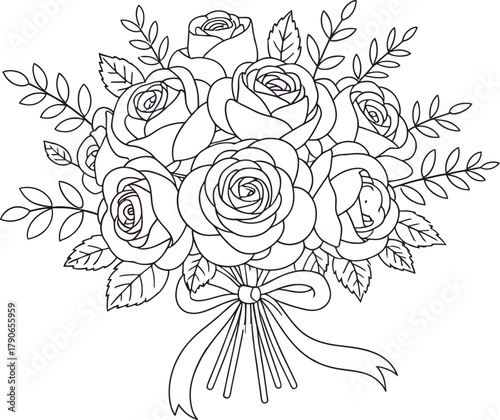 Line Art Bouquet of Roses with Ribbon flowers floral