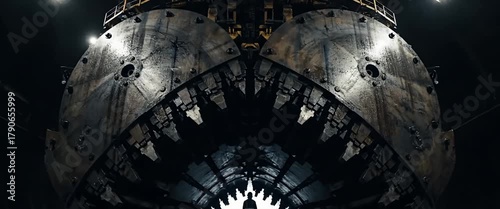 Massive industrial machinery drill head cutting mechanism in dark factory