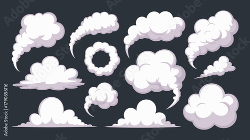 Cartoon smoke, steam, fog, and cloud vector collection with various graphic elements. featuring comic puffs, vapor, and exhaust effects for games and design projects.