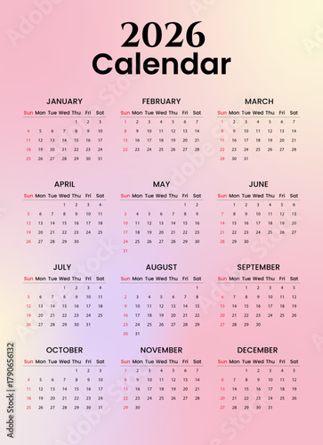 Printable 2026 yearly calendar. Vector illustration of 2026 yearly calendar with gradient background. Week starts on Sunday