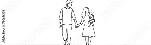 Minimalist continuous line drawing of a loving family walking together holding hands with a baby