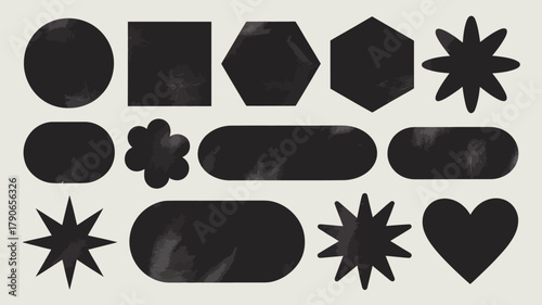 Distorted geometric shapes and abstract forms set with grunge texture on a clean background, ideal for modern design elements, overlays, and retro themes.