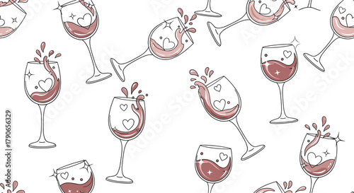 A romantic collection of stylized wine glasses filled with rosé wine adorned with hearts and stars for a celebratory toast.