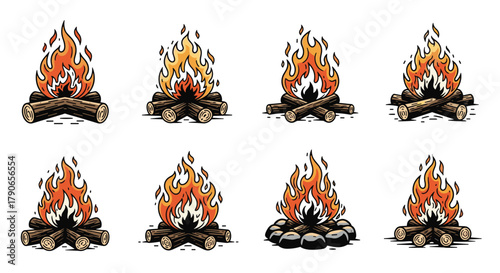 A collection of eight different illustrations depicting campfires burning brightly with various arrangements of logs and stones as fuel for the flames.