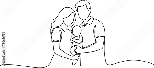 Minimalist continuous line drawing of a loving family with a baby held by parents