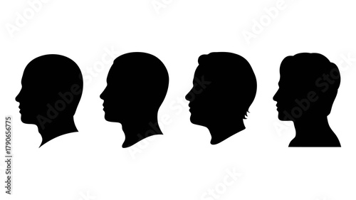 Four distinct male head silhouettes in profile view, symbolizing individuality, diversity, and generic representation for various digital applications and identity concepts.