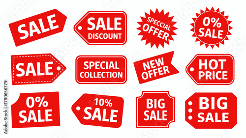 Collection of red sale tags, discount labels, special offer stickers, and promotional banners in various shapes for retail marketing and price reduction announcements.