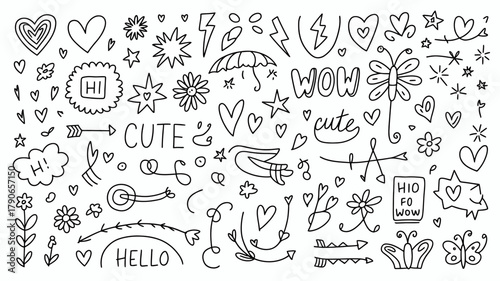 A vibrant collection of whimsical hand-drawn doodle elements, including hearts, stars, arrows, flowers, butterflies, and cheerful text, perfect for design.