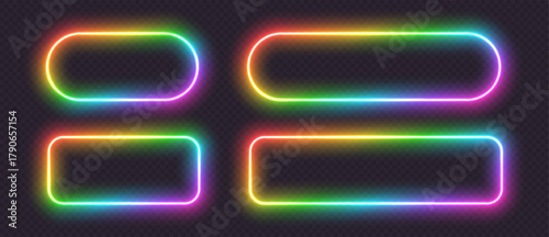 Neon glowing frames, rainbow banners light effect, bright illuminated borders. Rectangular spectrum design elements. Vector light effect.